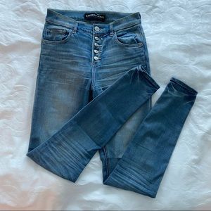 Express Skinny Jeans, exposed button-fly, high waisted, lightly distressed. Sz2